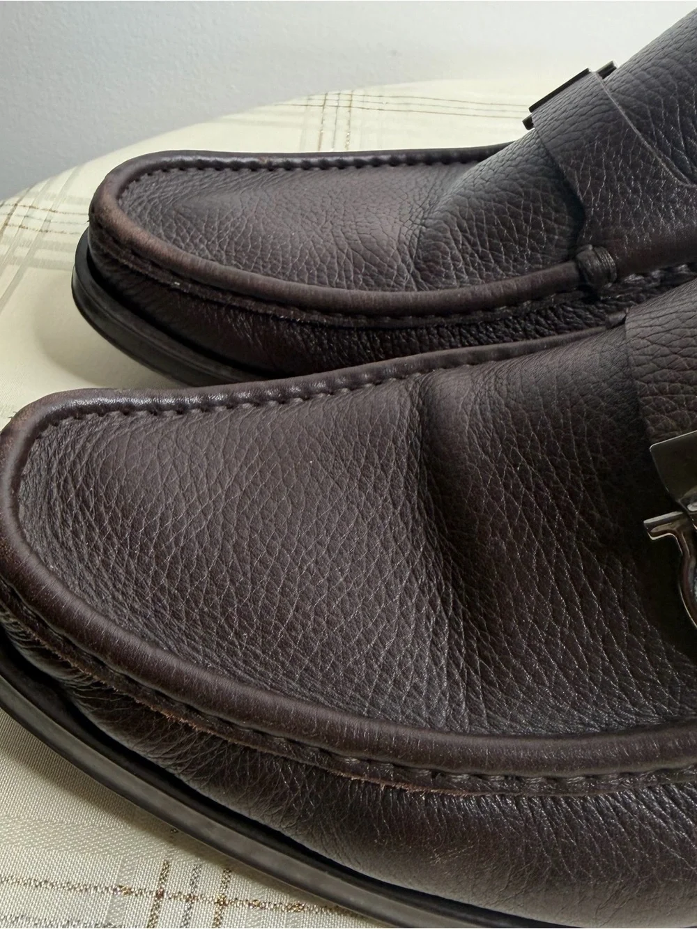 Salvatore Ferragamo Dark Brown Pebbled Leather Bit Loafers